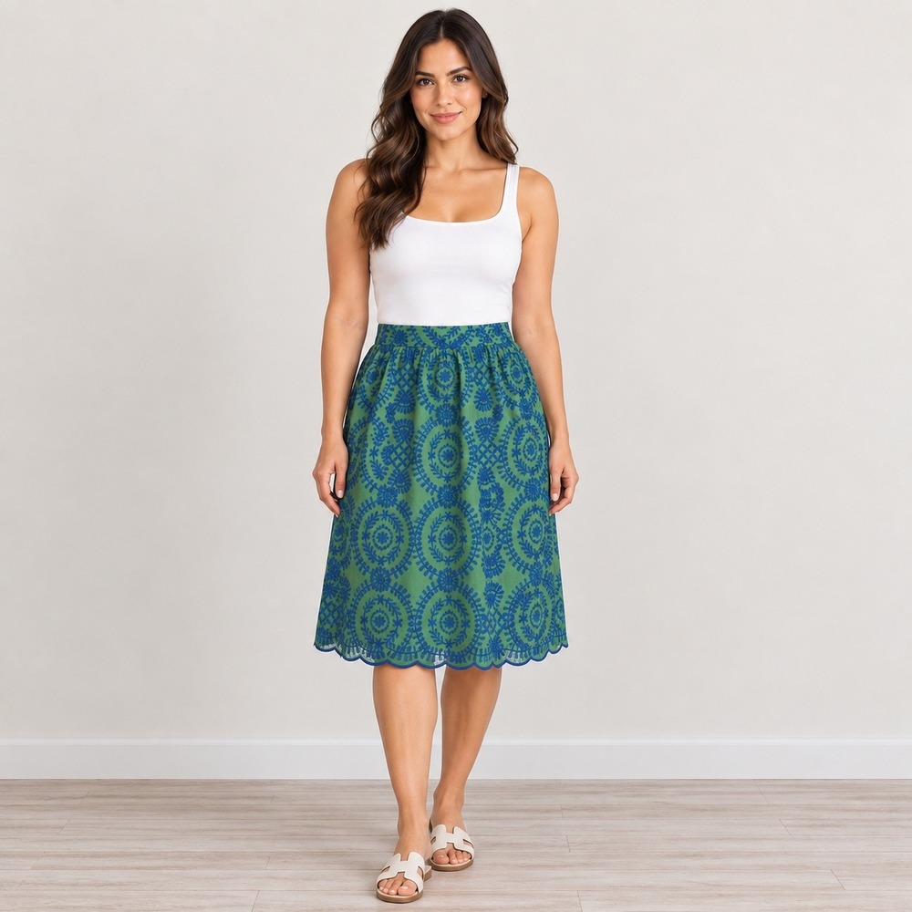 Talbots Petite Green Blue Embroidered Scalloped Hem A-Line Skirt Cotton Size 10P